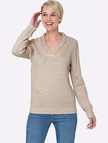 Pull en tricot fin à encolure en v avec bords-côtes - taille standard - moda vilona