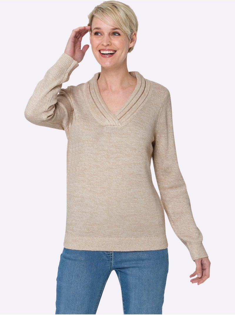 Pull en tricot fin à encolure en v avec bords-côtes - taille standard - moda vilona Beige chiné - Kiabi