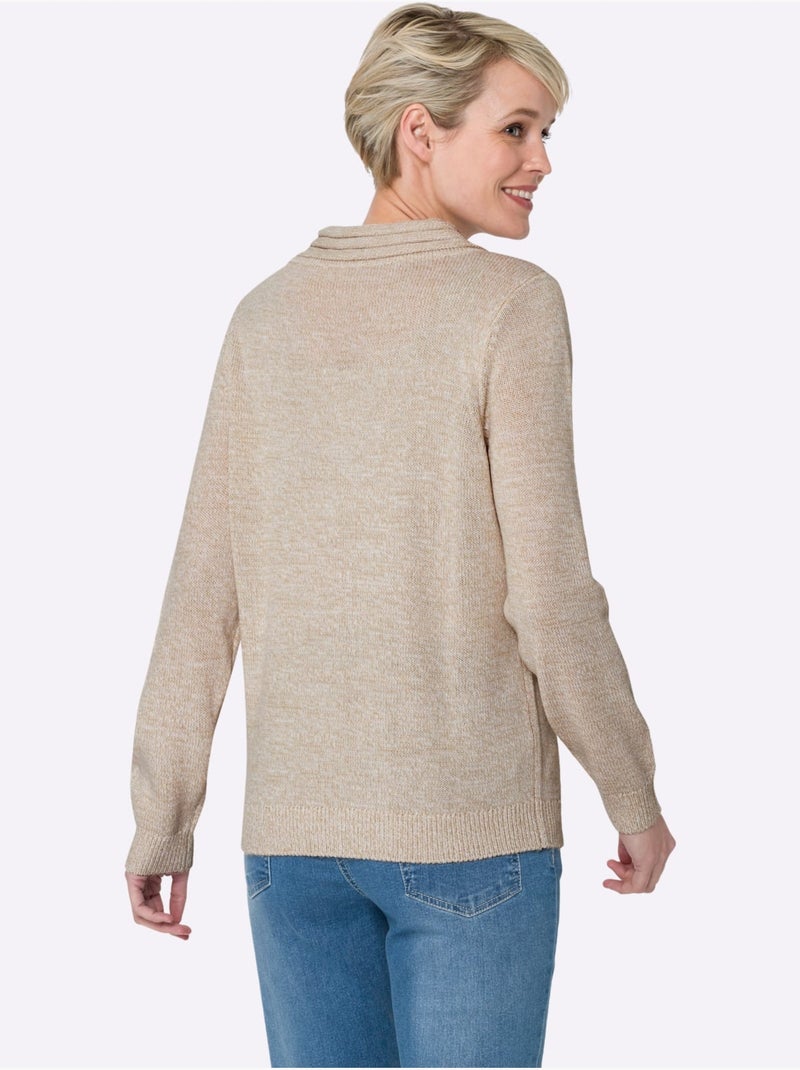 Pull en tricot fin à encolure en v avec bords-côtes - taille standard - moda vilona Beige chiné - Kiabi