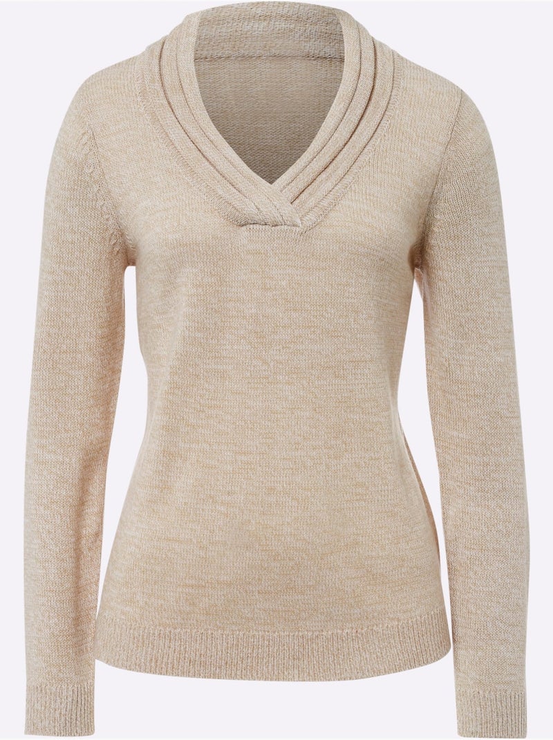 Pull en tricot fin à encolure en v avec bords-côtes - taille standard - moda vilona Beige chiné - Kiabi