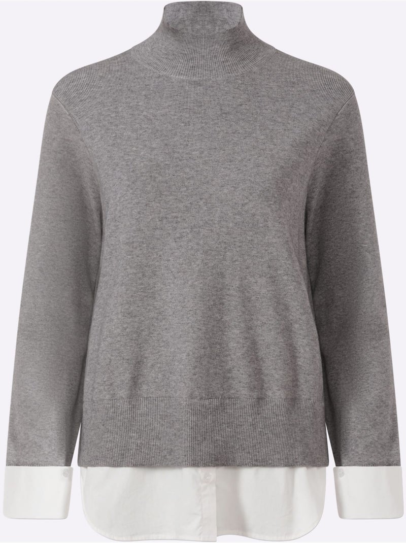 Pull en tricot fin aspect 2 en 1 - taille standard - helline Gris chiné - Kiabi