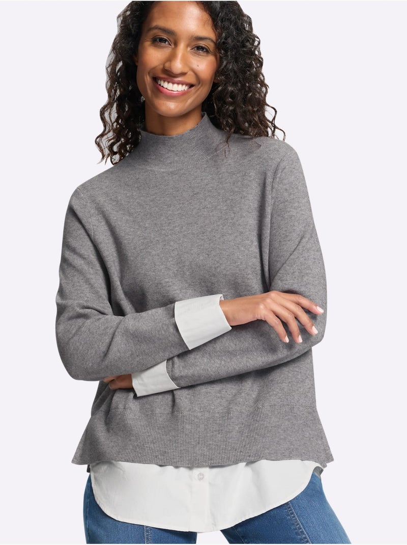 Pull en tricot fin aspect 2 en 1 - taille standard - helline Gris chiné - Kiabi