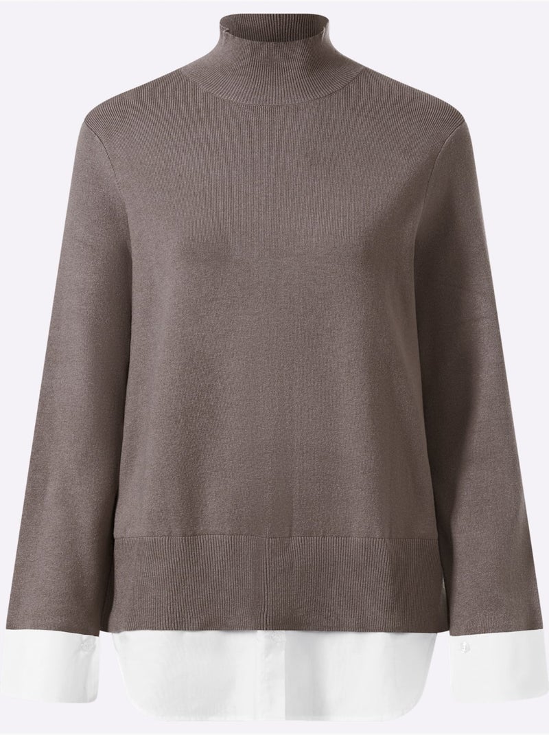 Pull en tricot fin aspect 2 en 1 - taille standard - helline Gris taupe - Kiabi