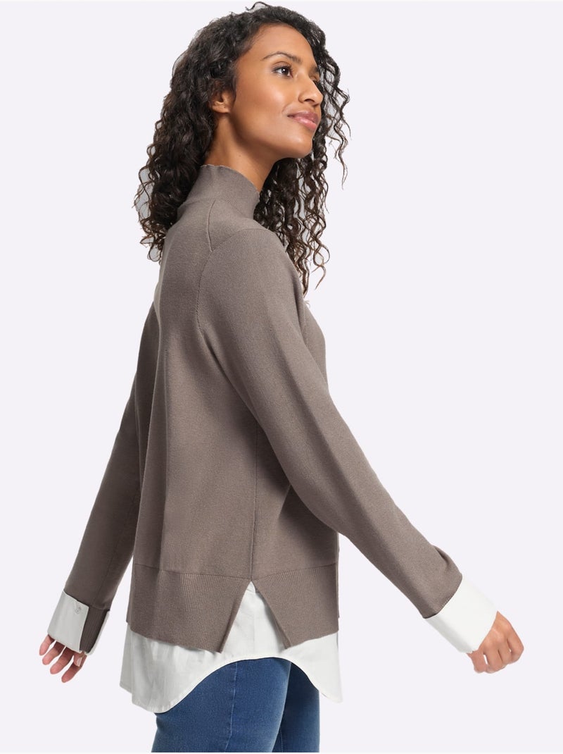 Pull en tricot fin aspect 2 en 1 - taille standard - helline Gris taupe - Kiabi