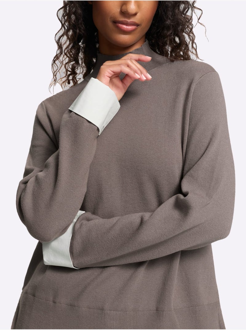 Pull en tricot fin aspect 2 en 1 - taille standard - helline Gris taupe - Kiabi