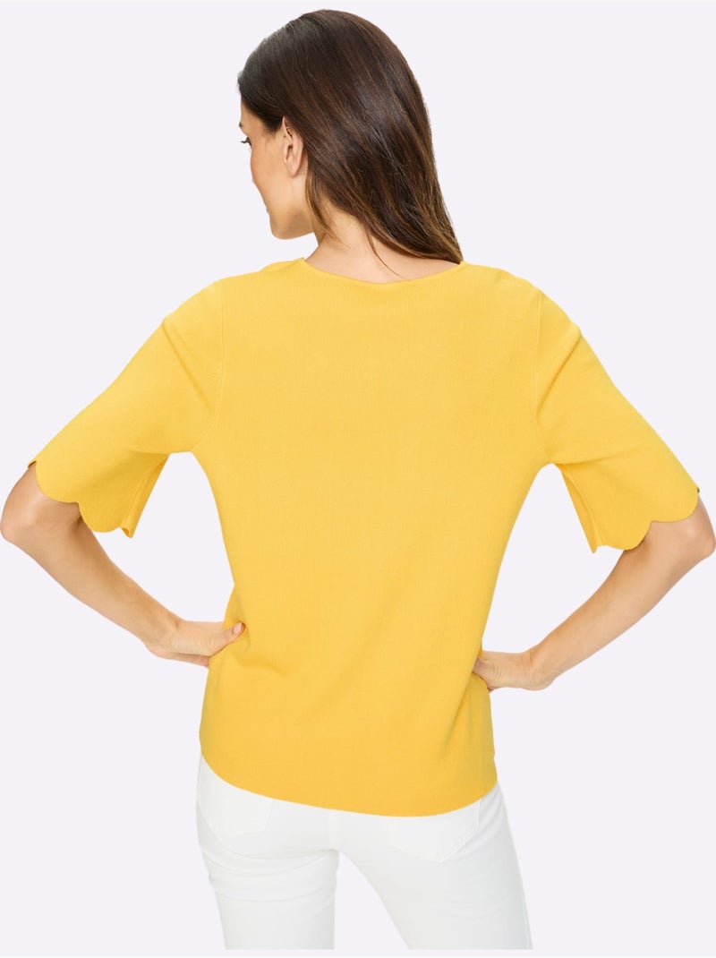 Pull En Tricot Fin Bords Ondulés élégants - Taille Standard - Helline Jaune - Kiabi