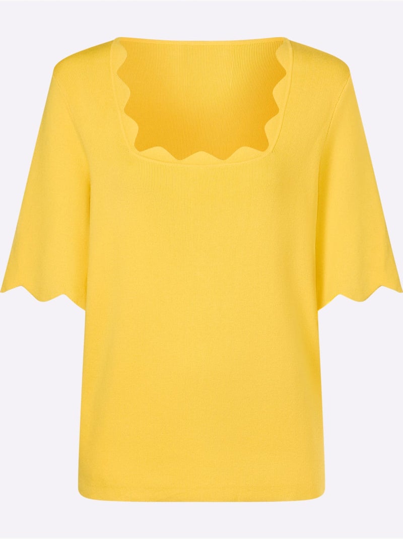 Pull En Tricot Fin Bords Ondulés élégants - Taille Standard - Helline Jaune - Kiabi