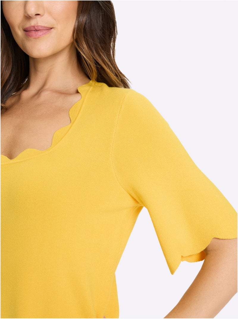 Pull En Tricot Fin Bords Ondulés élégants - Taille Standard - Helline Jaune - Kiabi
