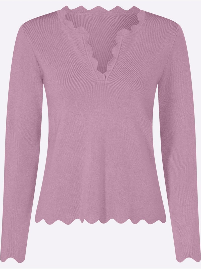 Pull En Tricot Fin Bords Ondulés élégants - Taille Standard - Helline Mauve - Kiabi