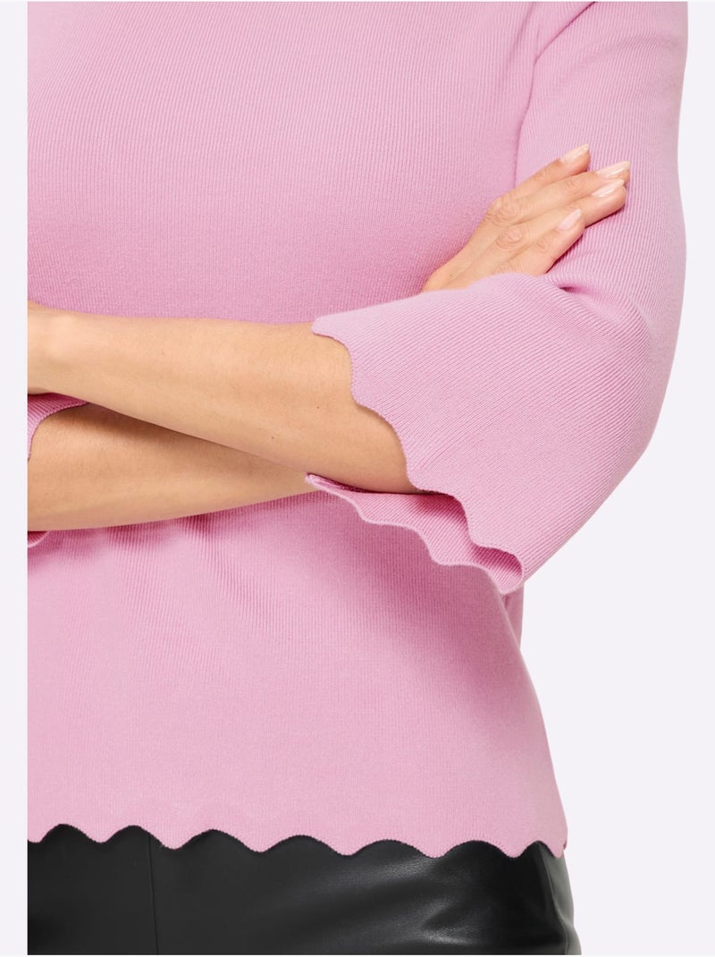 Pull En Tricot Fin Bords Ondulés élégants - Taille Standard - Helline Rose - Kiabi