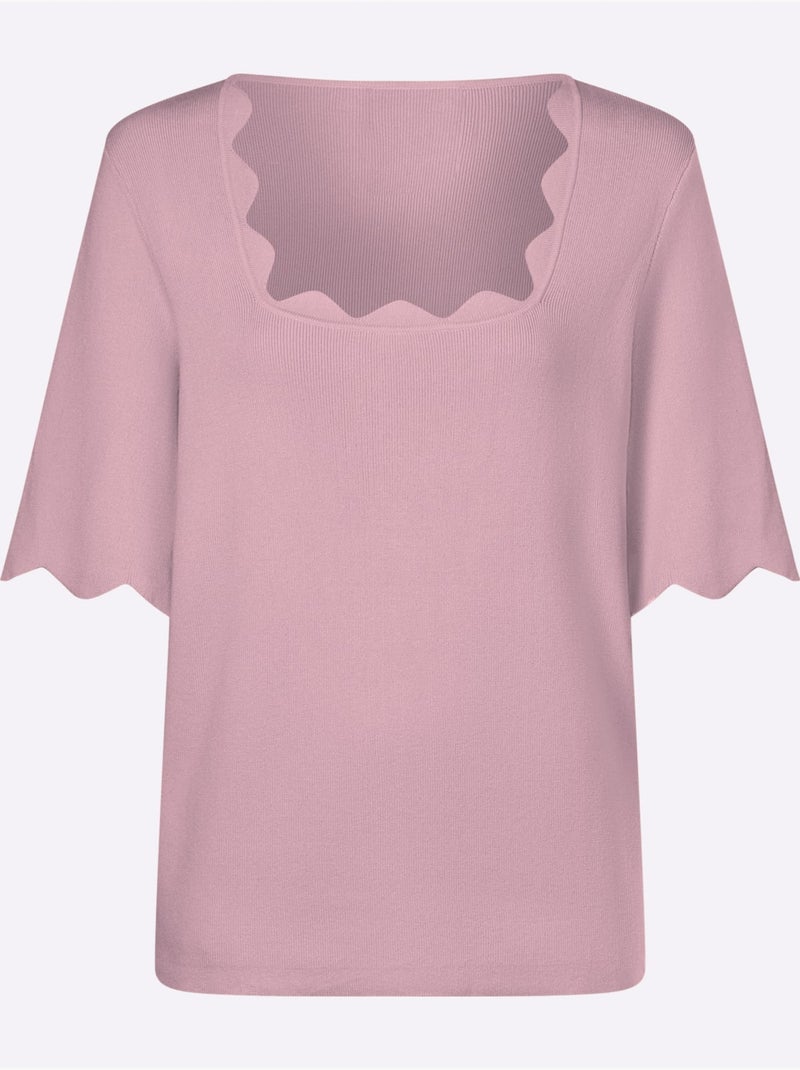 Pull En Tricot Fin Bords Ondulés élégants - Taille Standard - Helline Rose - Kiabi