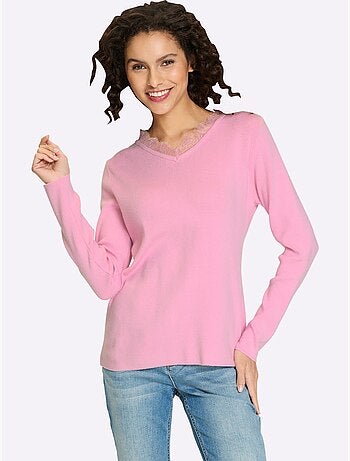 Pull En Tricot Fin Bordure En Dentelle Au Col V. - Taille Standard - Helline