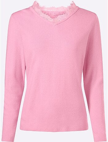 Pull En Tricot Fin Bordure En Dentelle Au Col V. - Taille Standard - Helline