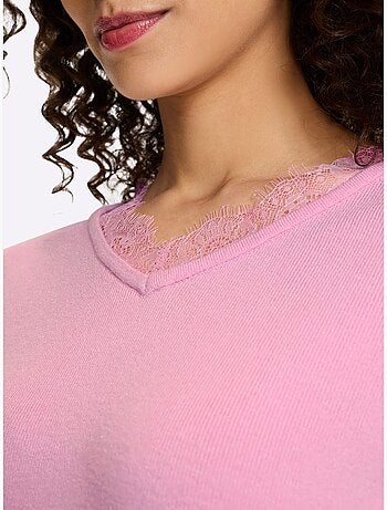 Pull En Tricot Fin Bordure En Dentelle Au Col V. - Taille Standard - Helline