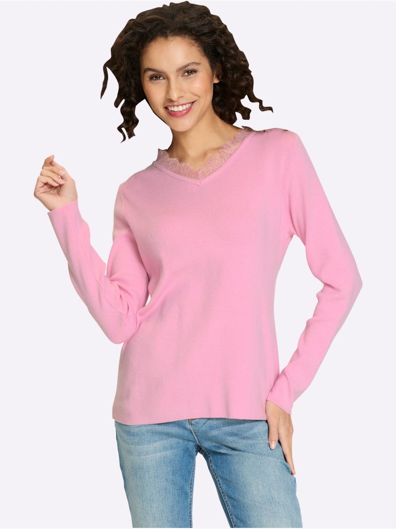 Pull En Tricot Fin Bordure En Dentelle Au Col V. - Taille Standard - Helline Rose - Kiabi