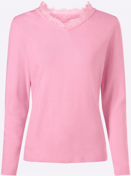 Pull En Tricot Fin Bordure En Dentelle Au Col V. - Taille Standard - Helline - Kiabi Pull En Tricot Fin Bordure En Dentelle Au Col V. - Taille Standard - Helline - Kiabi