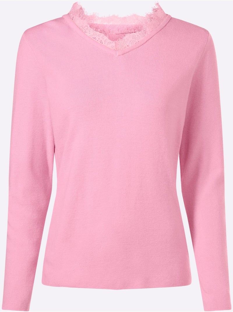 Pull En Tricot Fin Bordure En Dentelle Au Col V. - Taille Standard - Helline Rose - Kiabi