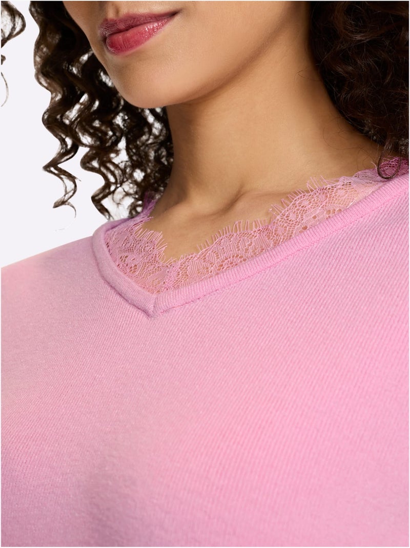 Pull En Tricot Fin Bordure En Dentelle Au Col V. - Taille Standard - Helline Rose - Kiabi