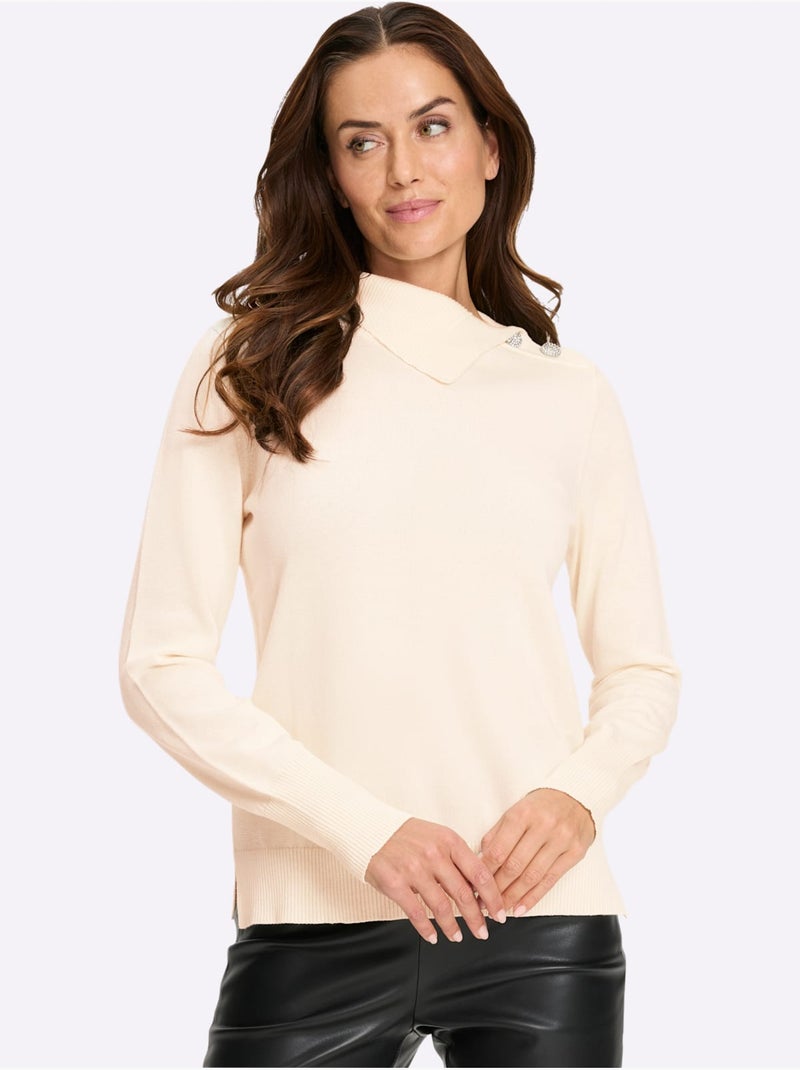 Pull En Tricot Fin Col à Revers élégant - Taille Standard - Helline Ivoire - Kiabi