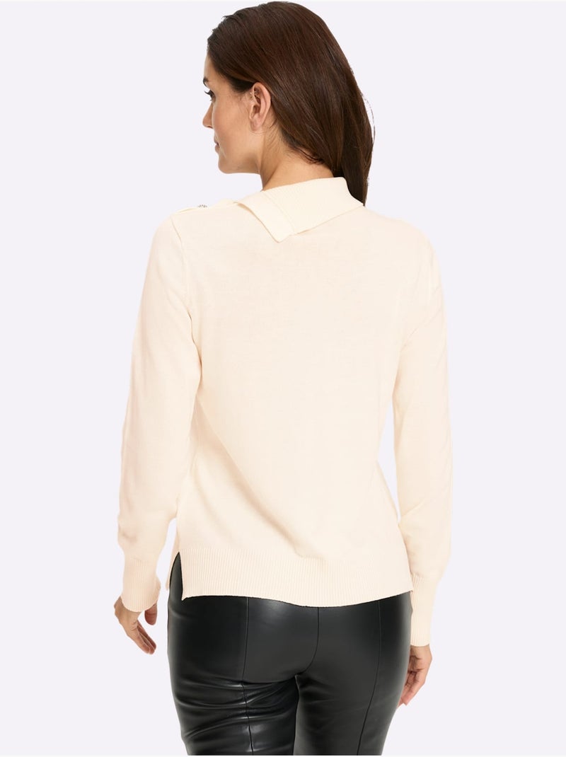 Pull En Tricot Fin Col à Revers élégant - Taille Standard - Helline Ivoire - Kiabi