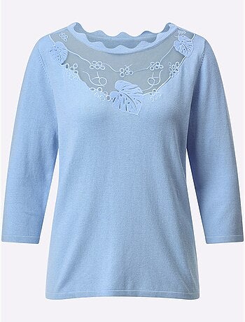 Pull en tricot fin col rond manches trois quarts dentelle filigrane - Taille standard - Helline