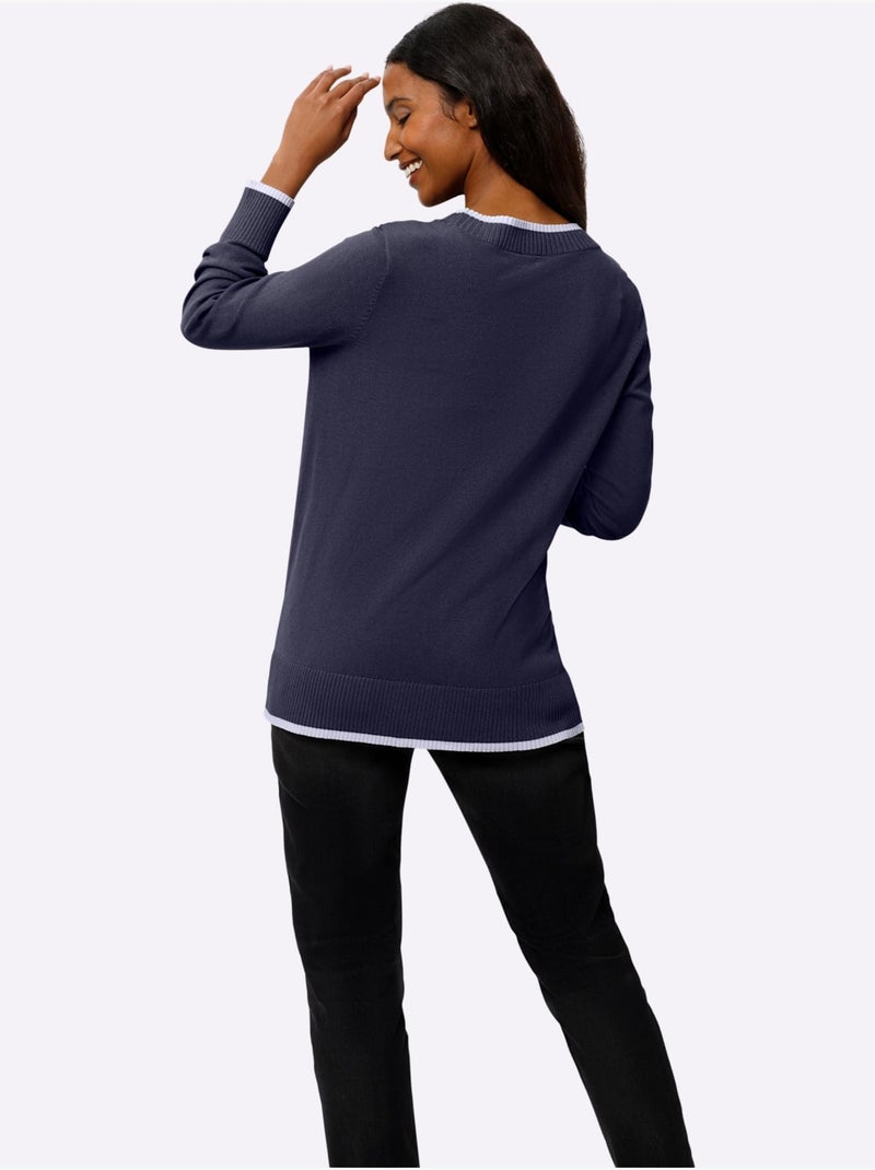 Pull En Tricot Fin Détails Contrastés Décoratifs - Taille Standard - Helline Bleu marine - Kiabi