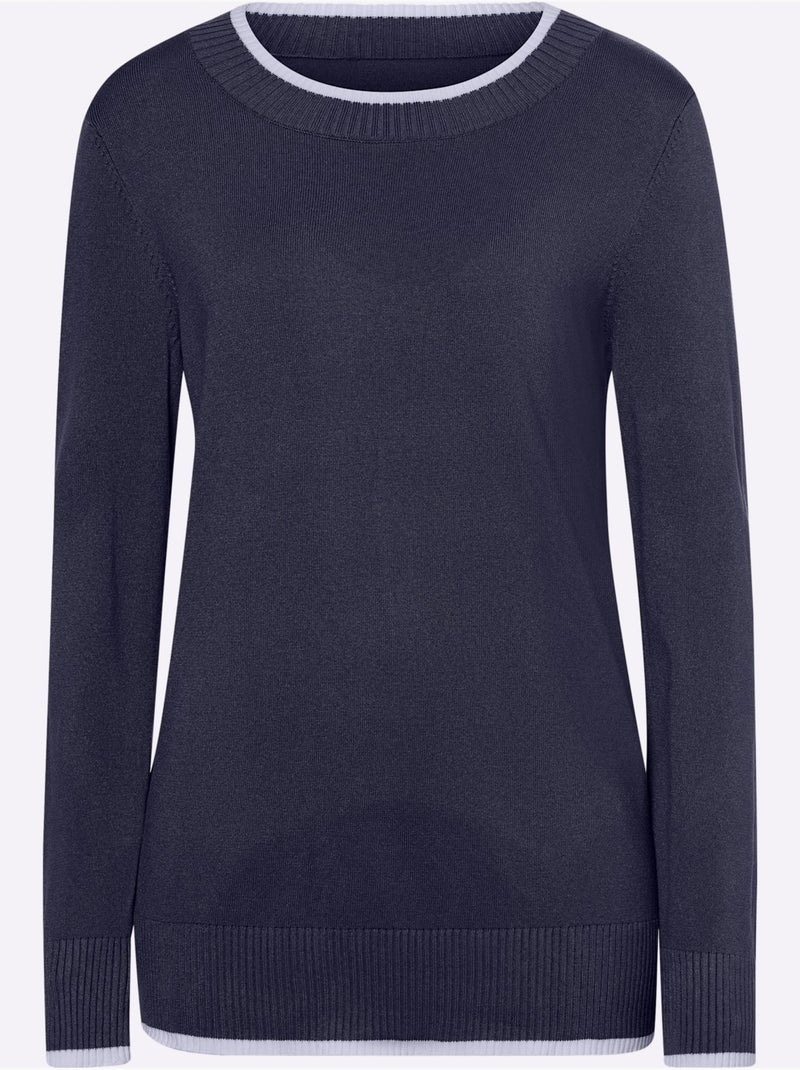 Pull En Tricot Fin Détails Contrastés Décoratifs - Taille Standard - Helline Bleu marine - Kiabi