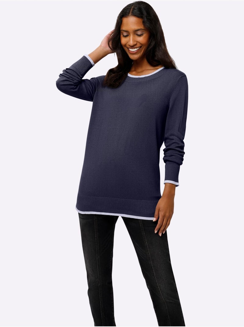 Pull En Tricot Fin Détails Contrastés Décoratifs - Taille Standard - Helline Bleu marine - Kiabi