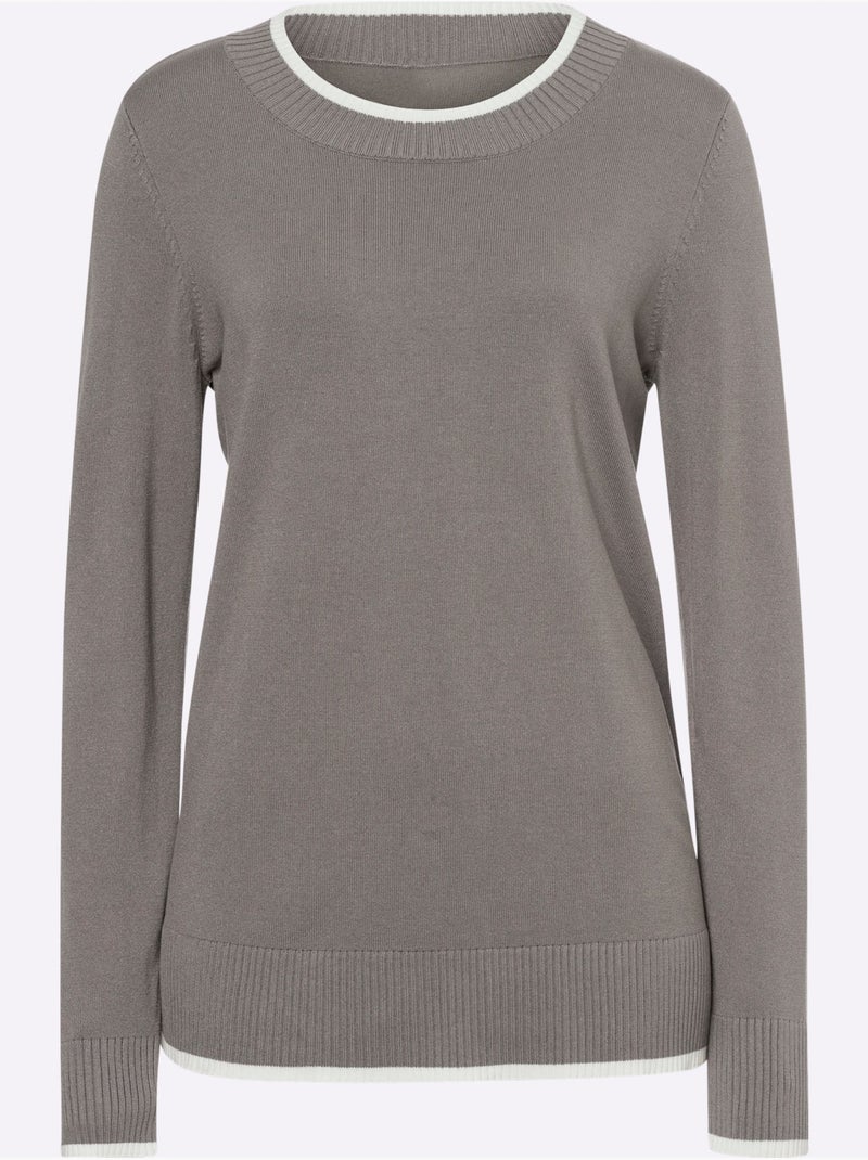 Pull En Tricot Fin Détails Contrastés Décoratifs - Taille Standard - Helline Gris - Kiabi