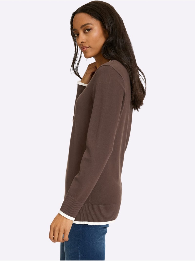 Pull En Tricot Fin Détails Contrastés Décoratifs - Taille Standard - Helline Marron/Choco - Kiabi