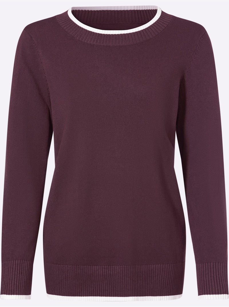 Pull En Tricot Fin Détails Contrastés Décoratifs - Taille Standard - Helline Noir Bordeaux - Kiabi