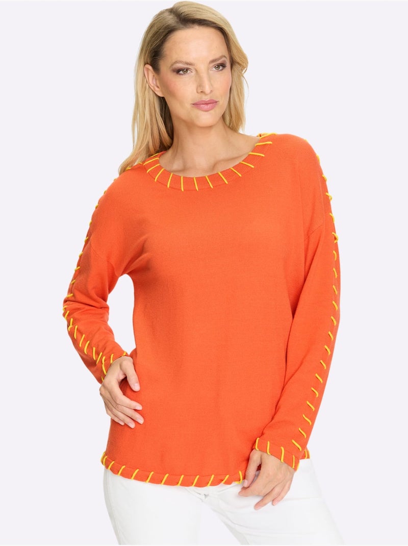 Pull En Tricot Fin Détails Contrastés Décoratifs - Taille Standard - Helline Orange - Kiabi