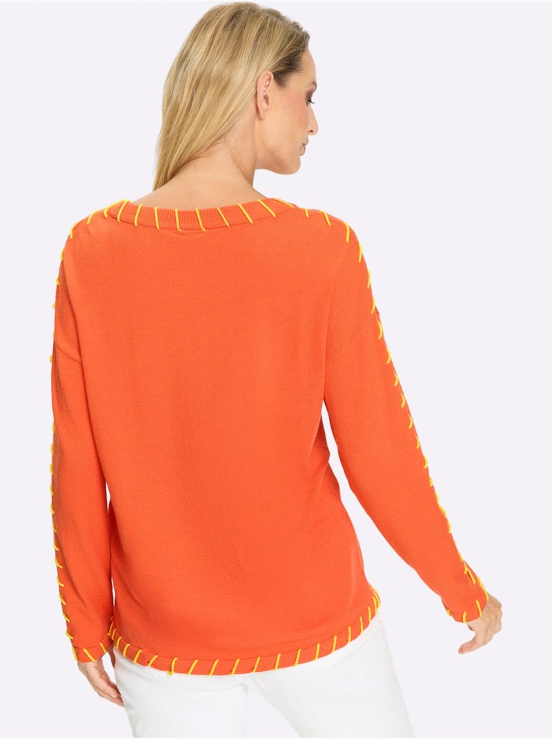 Pull En Tricot Fin Détails Contrastés Décoratifs - Taille Standard - Helline Orange - Kiabi