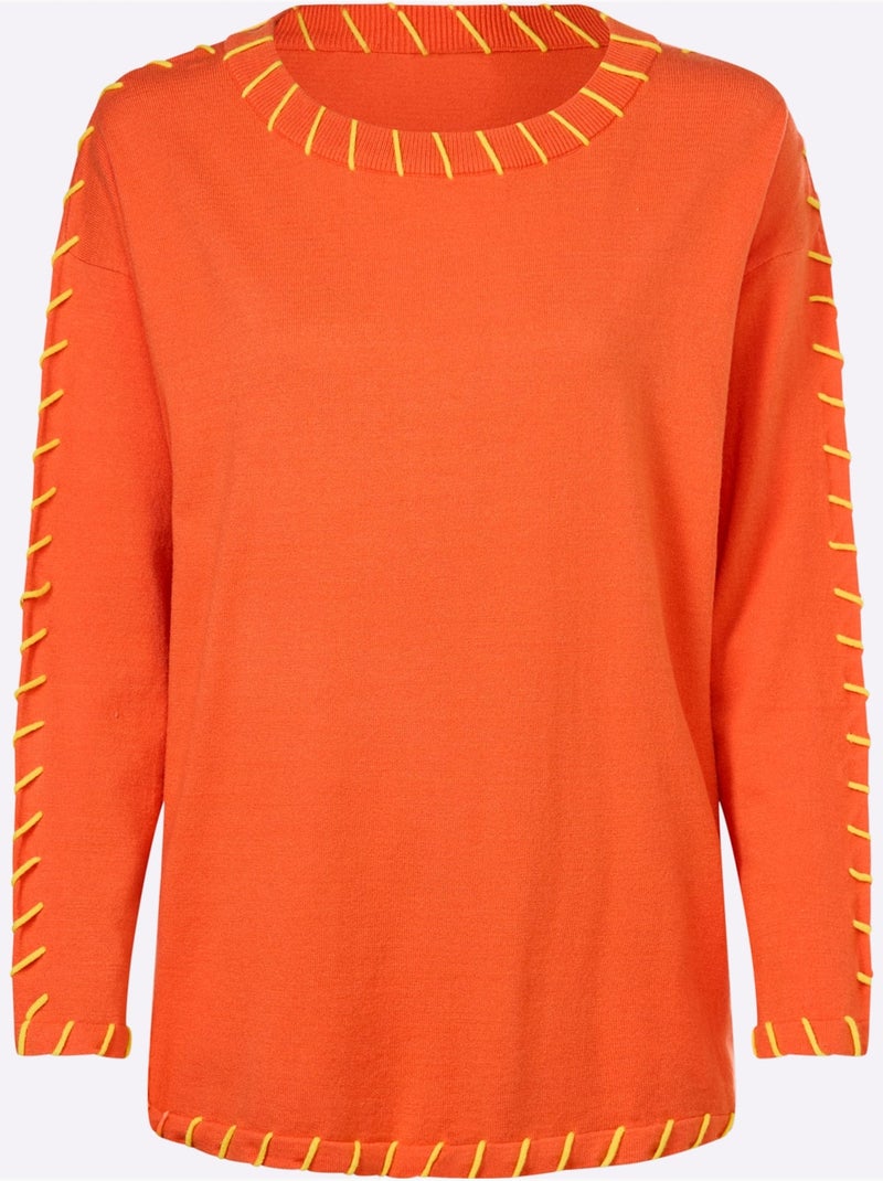 Pull En Tricot Fin Détails Contrastés Décoratifs - Taille Standard - Helline Orange - Kiabi