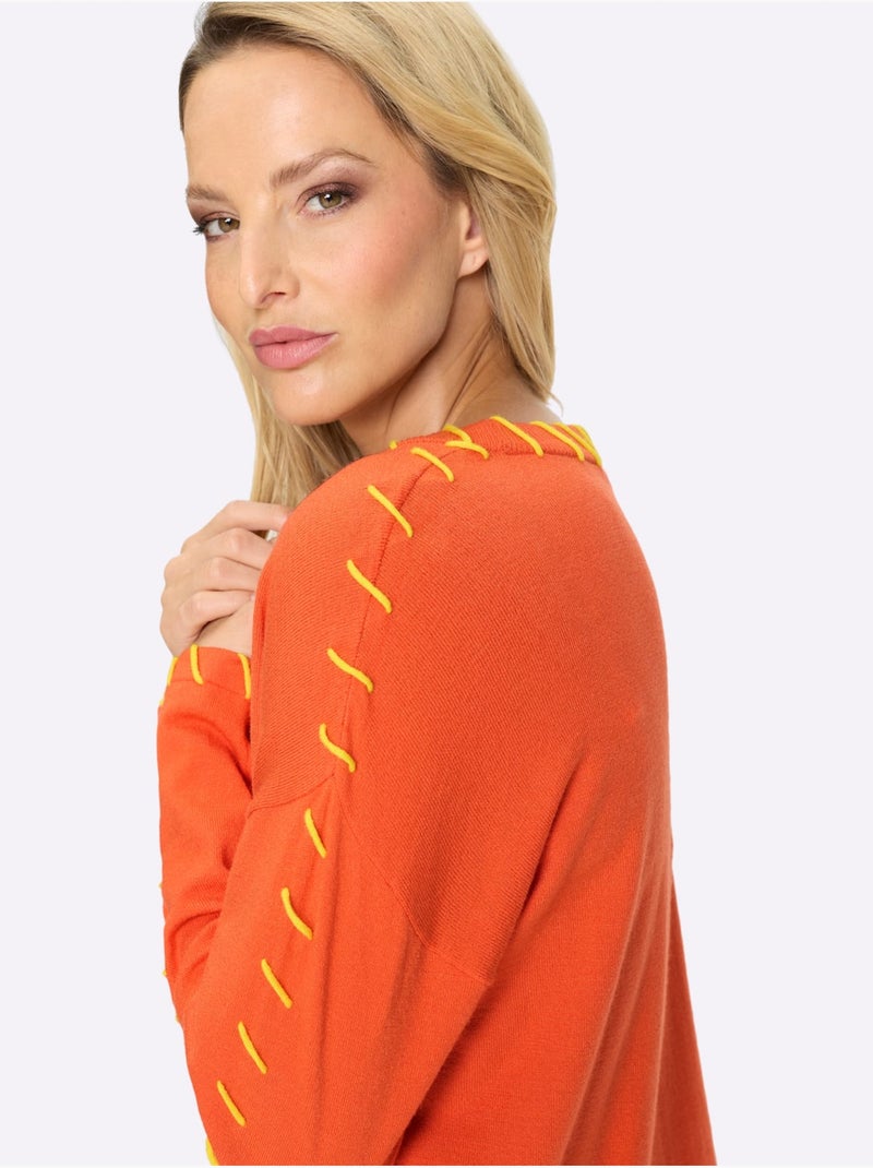 Pull En Tricot Fin Détails Contrastés Décoratifs - Taille Standard - Helline Orange - Kiabi