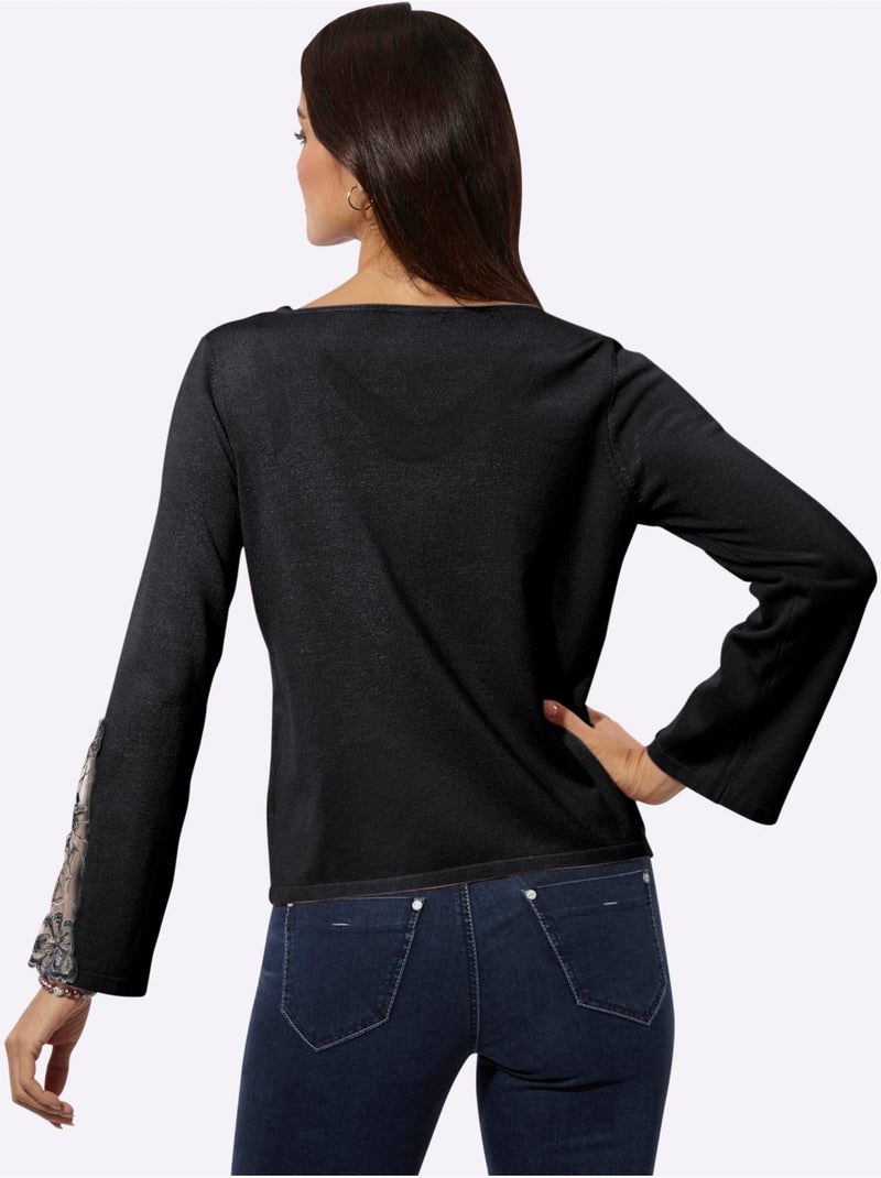 Pull En Tricot Fin Détails élégants En Dentelle - Helline Noir - Kiabi