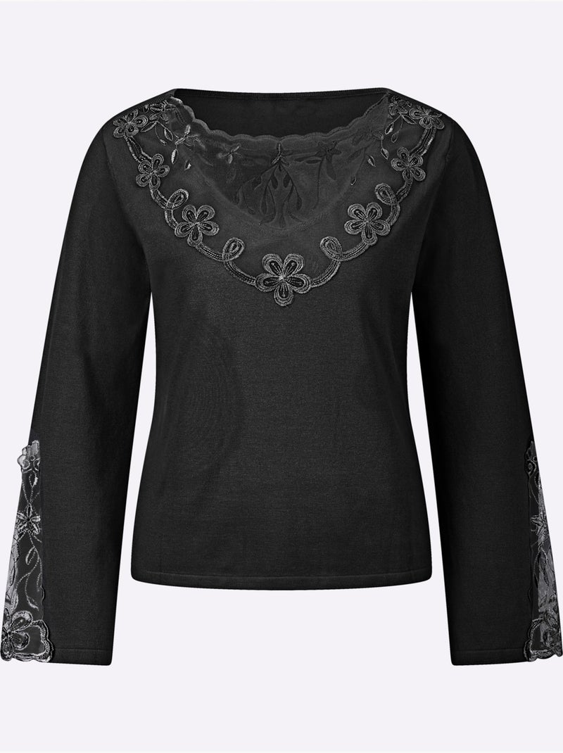 Pull En Tricot Fin Détails élégants En Dentelle - Helline Noir - Kiabi