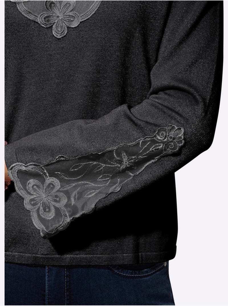 Pull En Tricot Fin Détails élégants En Dentelle - Helline Noir - Kiabi