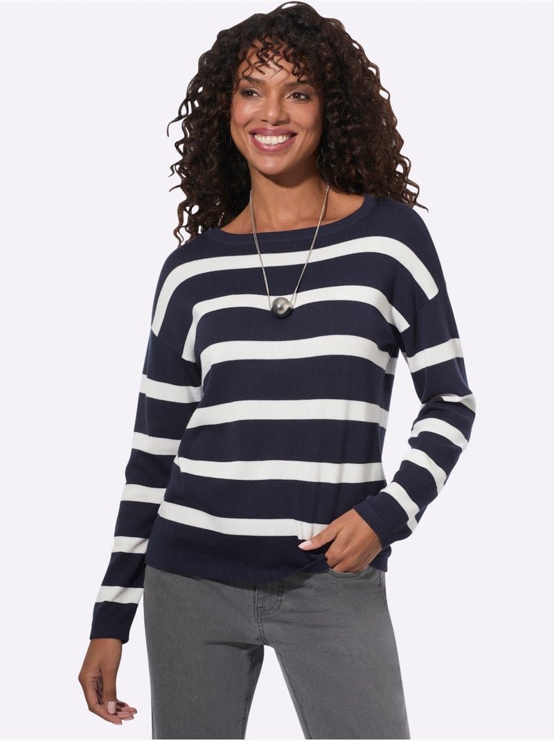 Pull en tricot fin encolure en u discrète - taille standard - witt Ecru/Marine - Kiabi