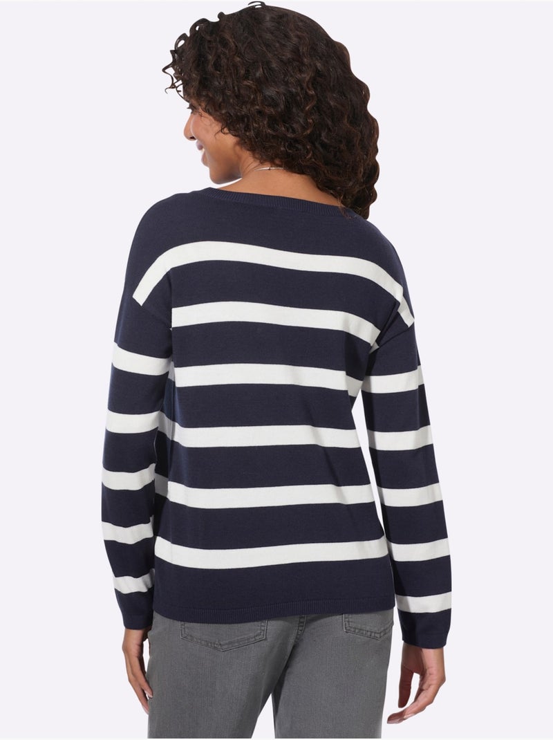 Pull en tricot fin encolure en u discrète - taille standard - witt Ecru/Marine - Kiabi