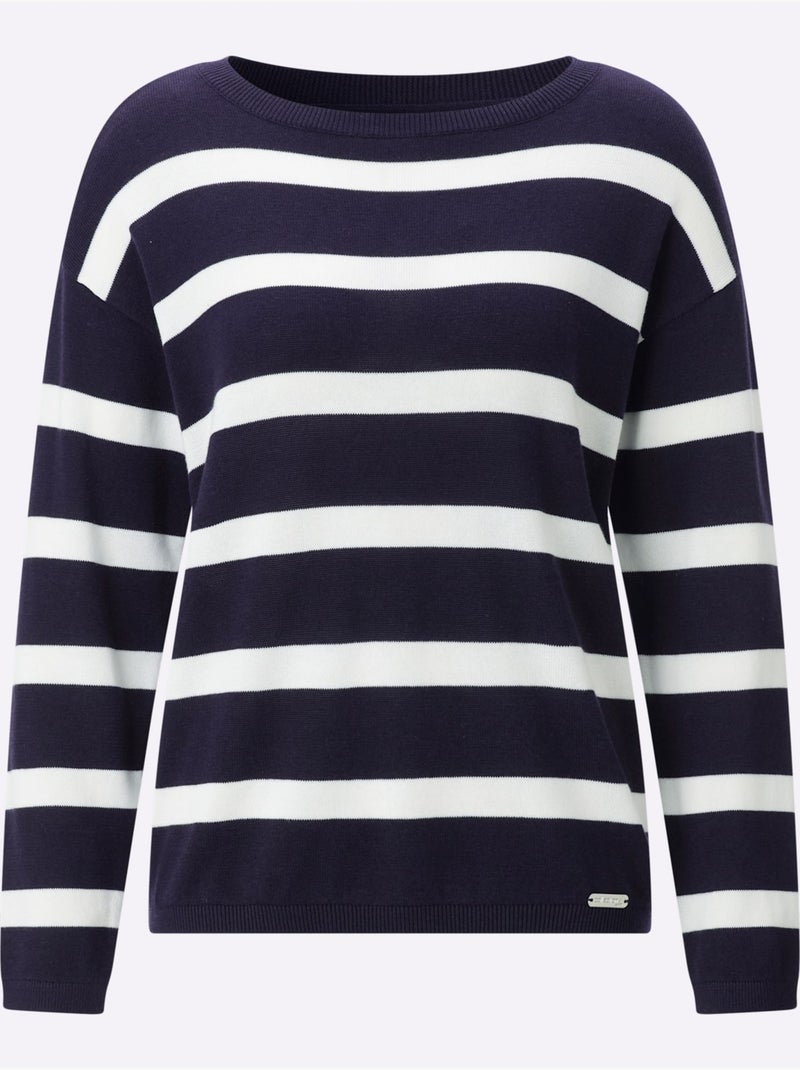 Pull en tricot fin encolure en u discrète - taille standard - witt Ecru/Marine - Kiabi