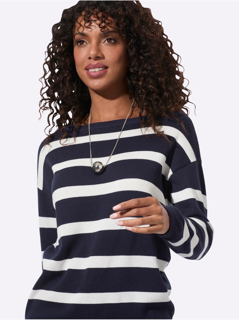 Pull en tricot fin encolure en u discrète - taille standard - witt Ecru/Marine - Kiabi