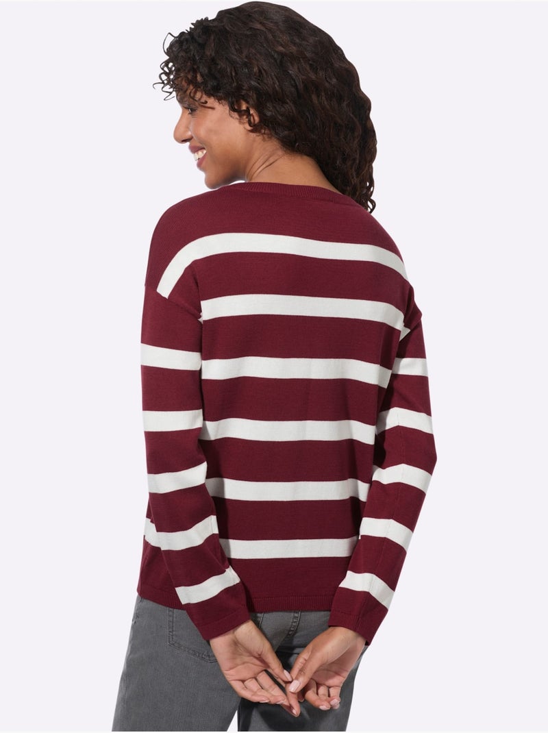 Pull En Tricot Fin Encolure En U Discrète - Taille Standard - Witt Ecru/Rouge - Kiabi