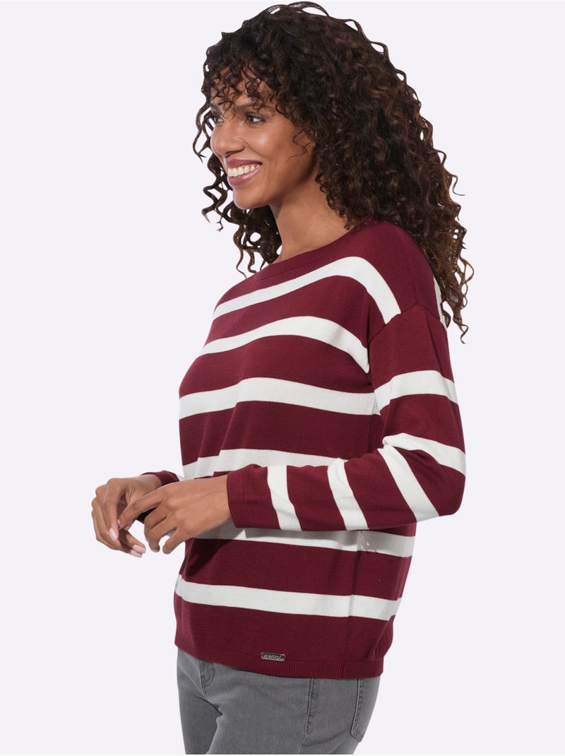 Pull En Tricot Fin Encolure En U Discrète - Taille Standard - Witt Ecru/Rouge - Kiabi