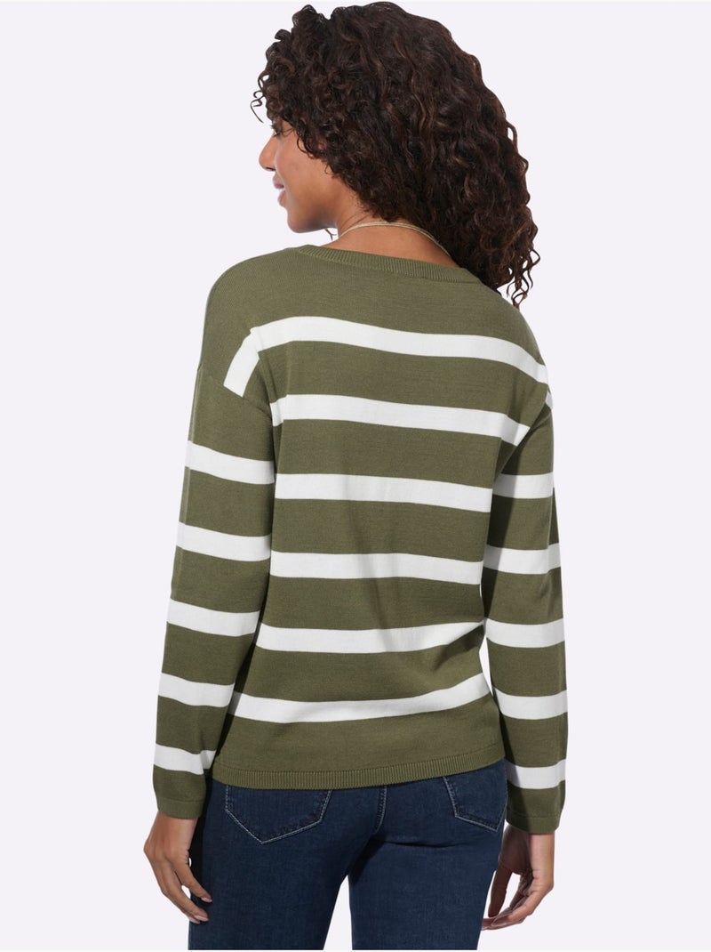 Pull En Tricot Fin Encolure En U Discrète - Taille Standard - Witt Vert olive - Kiabi