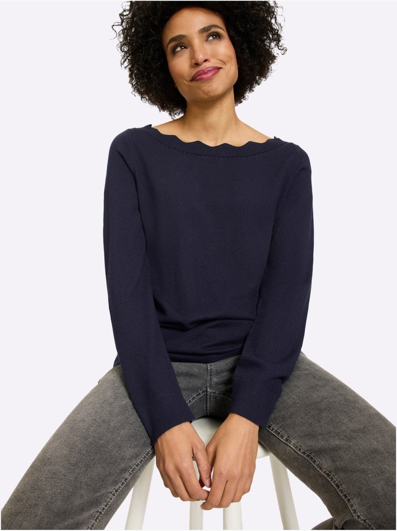 Pull En Tricot Fin Encolure En U Féminine - Taille Standard - Helline Bleu marine - Kiabi