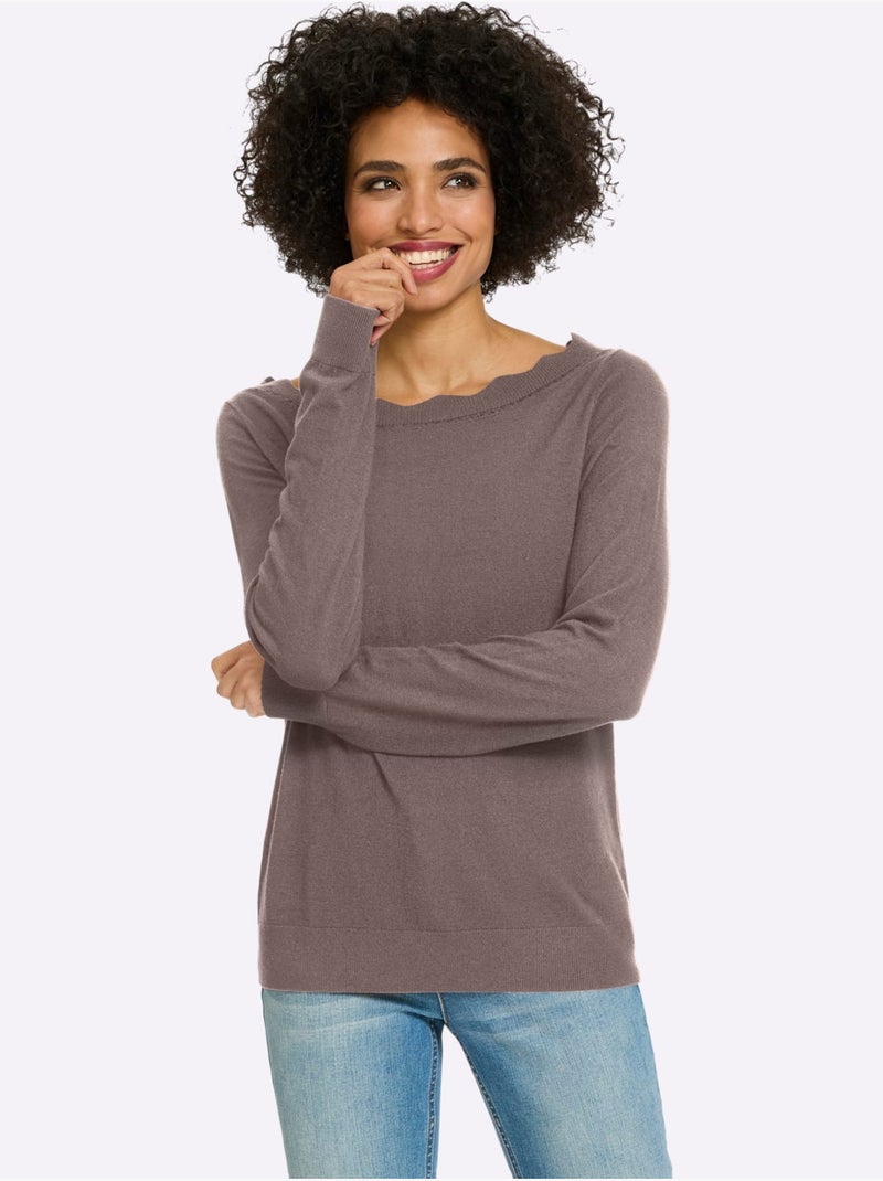 Pull En Tricot Fin Encolure En U Féminine - Taille Standard - Helline Gris taupe - Kiabi