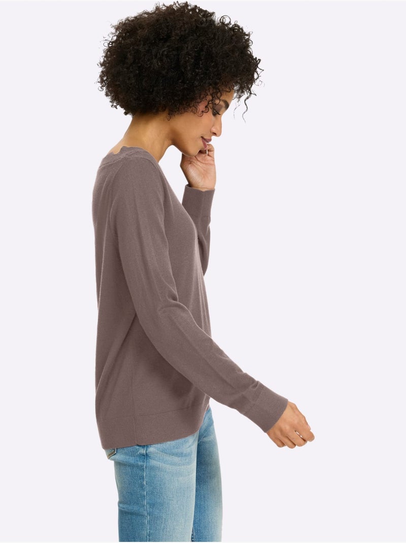 Pull En Tricot Fin Encolure En U Féminine - Taille Standard - Helline Gris taupe - Kiabi