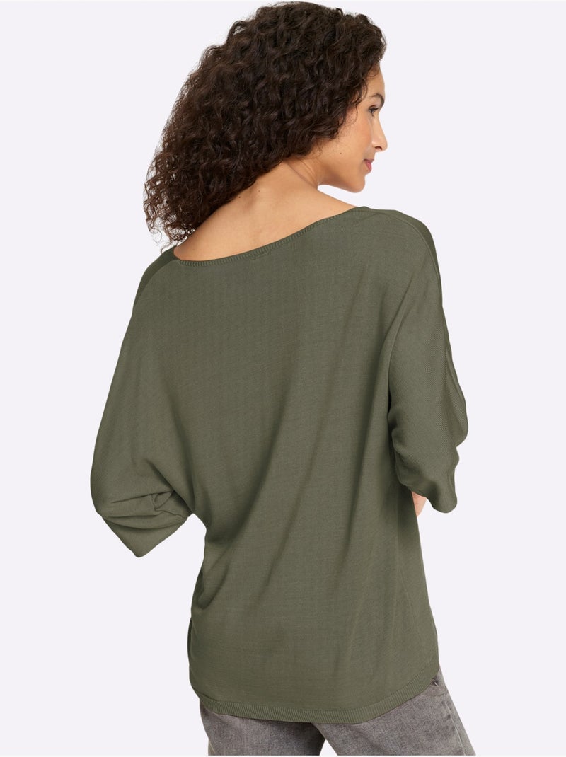 Pull En Tricot Fin Encolure En V Affinante - Taille Standard - Helline Kaki - Kiabi