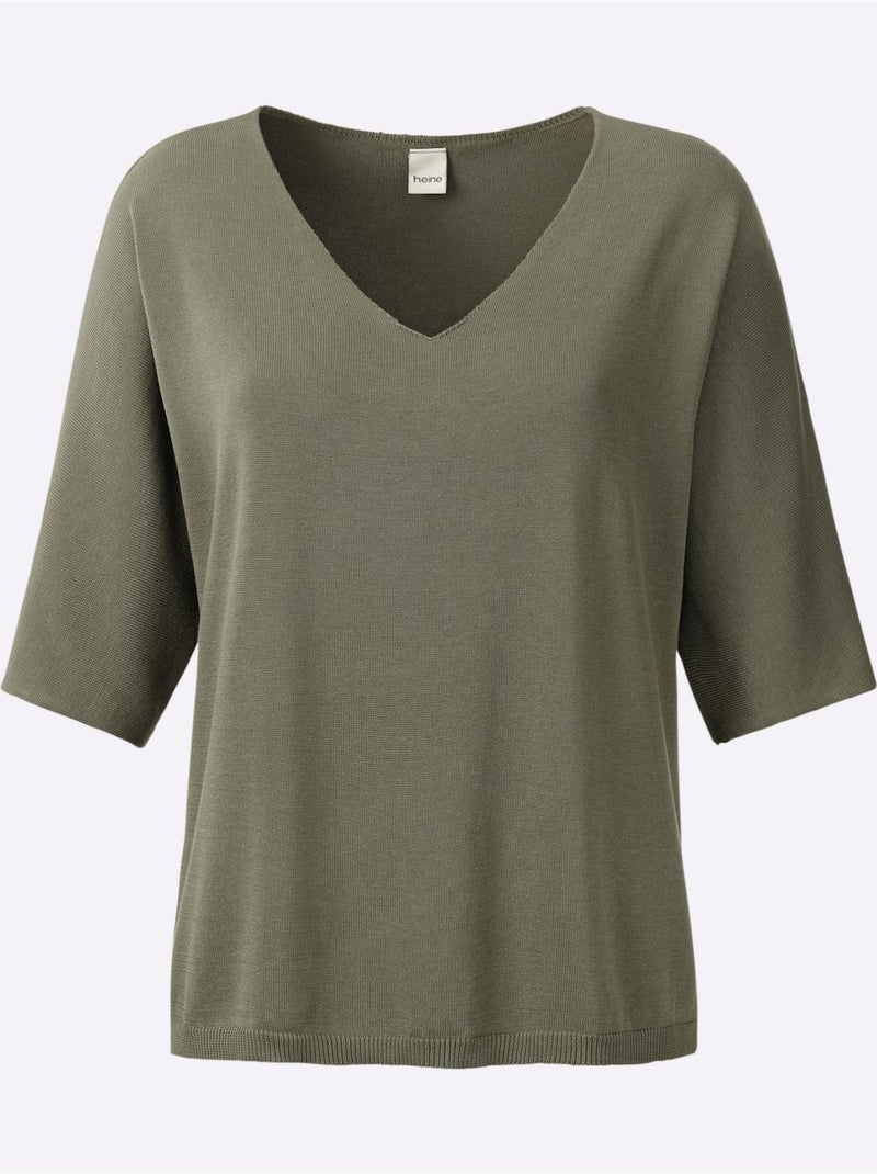 Pull En Tricot Fin Encolure En V Affinante - Taille Standard - Helline Kaki - Kiabi